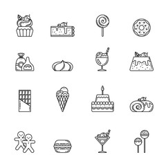 Poster - Desert vector icon set. Cupcake, sweets and other baking foods. Outline illustrations isolate on white background