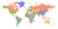 Color World Map With The Names Of Countries. Political Map. Every Country Is Isolated.