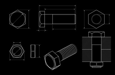 Wall Mural - Metal bolt technical drawing on black background