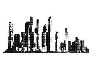 Poster - The silhouette of the city. Skyscrapers, High-rise buildings, halftone dot Monochrome city vector illustration