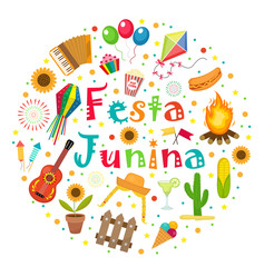 Festa Junina set of icons in a round shape. Brazilian Latin American festival collection of design elements with traditional symbols. Vector illustration