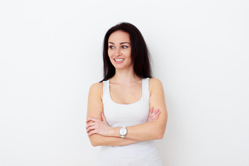 Wall Mural - Beauty woman with white perfect smile looking at camera in studio