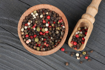 spices on wooden table. Top view