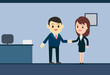 Business man and business woman shaking hands in meeting room vector illustration
