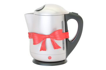 Poster - Electric kettle with red ribbon and bow, gift concept. 3D rendering