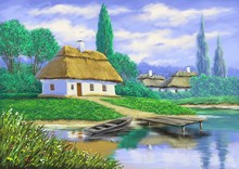 Landscape,oil Painting, Digital Art - Ukraine House, Boat And River