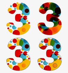 Fototapete - Set of 4 isolated abstract lava lamp styled number three - 3, first simple, second multiplied, third with outlined number three, fourth with outlined every circle and the whole three