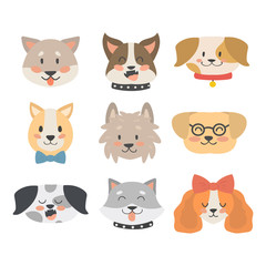  Funny cartoon dog character heads bread cartoon puppy friendly adorable canine vector illustration.