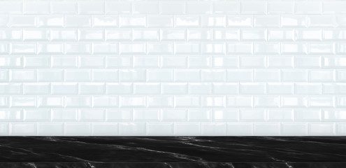 Leinwandbilder - Empty black marble table top with white ceramic tile wall background,Mock up banner ads size for display or montage of product or your design ,Luxury modern theme