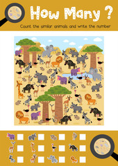 Wall Mural - Counting game of african animals for preschool kids activity worksheet layout in A4 colorful printable version. Vector Illustration.