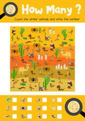 Wall Mural - Counting game of desert animals for preschool kids activity worksheet layout in A4 colorful printable version. Vector Illustration.