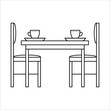 Table and chairs in dinning room. Flat vector icon in simple outline style. Interior element of house kitchen furniture in thin line. Black thin linear illustration isolated on white background.