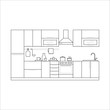 © Sunflower - Kitchen furniture in thin line style. Set with fridge, cupboard, hood and shelves, stove and fridge. Linear flat vector house interior - illustration isolated on background.