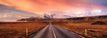 Horizon Road And The Snow Covered Mountains, Iceland