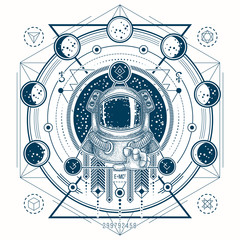 Vector illustration of a astronaut in a space suit in the background of a night starry sky, geometric sketch of a tattoo with moon phases. Print