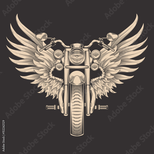 Vector monochrome illustration of motorcycle with wings. Design element for t...