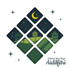 Wall Mural - hari raya aidilfitri greetings card template with crescent moon and malay wooden houses in flat desi