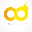 Infinity fiery logo. Flamy graphics infinite vector template brand sign. Infinit flamed gold colored branding symbol of constancy or number 0. Creative, flaming, bright eyeglasses shape.
