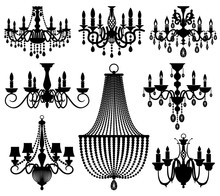 Vintage Crystal Chandeliers Vector Silhouettes Isolated On White