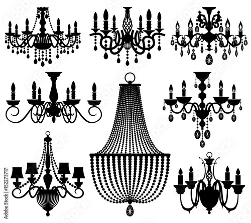 Fotografía Vintage crystal chandeliers vector silhouettes isolated on white