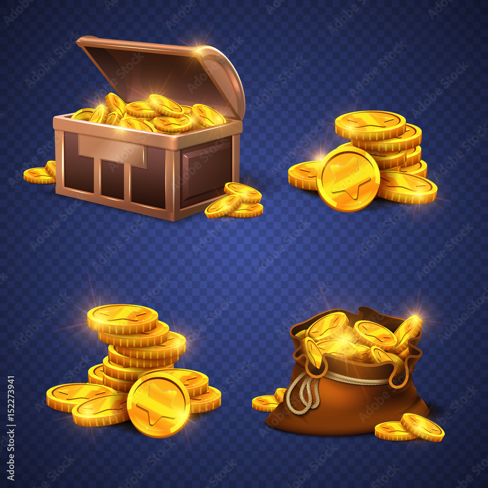 Wooden chest and big old bag with gold coins, money stack isolated ...
