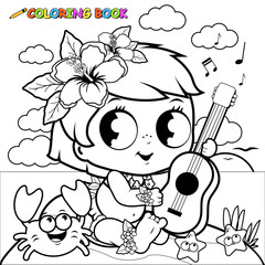 Wall Mural - Hawaiian baby girl on an island playing the ukulele. Vector black and white coloring page.