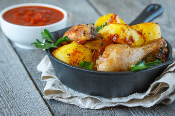 Wall Mural - Baked potatoes with chicken in a cast-iron frying pan.