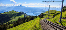 Cogwheel Train Window View Of Railway Track Down Rigi Kulm Station, Lucerne, Switzerland.
