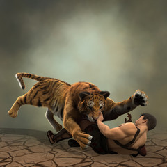 Wall Mural - 3D Illustration of a Gladiator fighting with a tiger