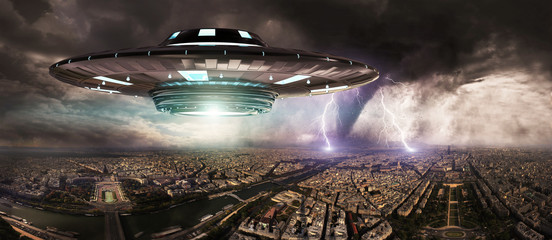 Poster - UFO invasionover planet earth city 3D rendering