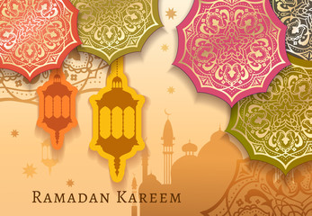 Wall Mural - Ramadan Kareem celebrate greeting card or illustration with paper cutting style with bright colored arabic design patterns and lanterns, arabic lamp. Vector illustration. EPS 10