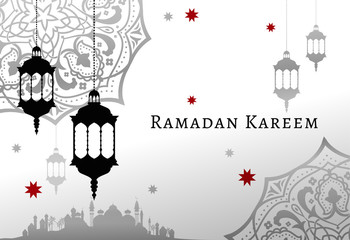 Wall Mural - Ramadan Kareem celebrate greeting card or illustration with paper cutting style with arabic design patterns and lanterns, arabic lamp. Vector illustration. EPS 10