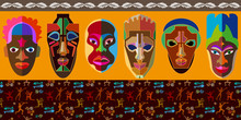 Seamless Vector Border With Australian Boomerangs And African Masks.