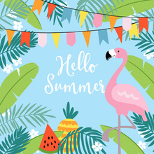 Hello Summer Greeting Card, Invitation, Invitations With Hand Drawn Palm Leaves, Flowers, Flamingo Bird And Party Flags. Tropical Jungle Design. Vector Illustration Background.