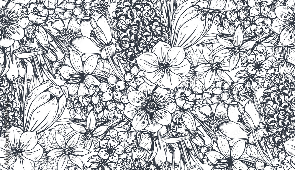 Seamless pattern with hand drawn spring flowers and plants Stock Vector ...