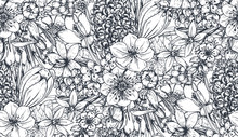 Seamless Pattern With Hand Drawn Spring Flowers And Plants