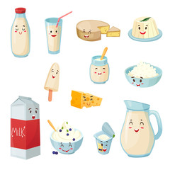 Wall Mural - Milk Products With Smiles Cartoon Set