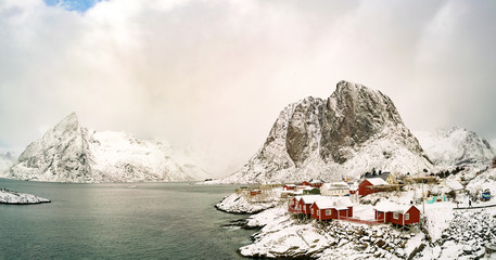 Sticker - Snow in Mountain. Winter background in Reine, Lofoten Islands, Norway