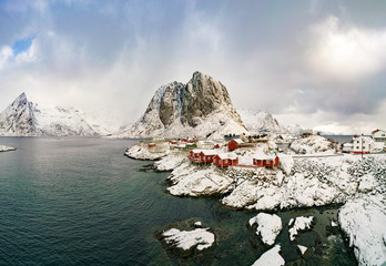 Poster - Snow in Mountain. Winter background in Reine, Lofoten Islands, Norway