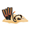 Beach composition. Sand, dive mask, snorkel, flippers. Vector illustration. Vector illustration