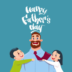 Wall Mural - Happy Father Day Family Holiday, Daughter And Son Embracing Dad Greeting Card Flat Vector Illustration