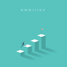 Ambition Vector Concept With Businessman Jump On Graph Columns. Success, Achievment, Motivation Business Symbol.