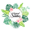 Background with Ink hand drawn tropical elements - Banana leaves, orchid flowers, frangipani, monstera. Template for cards, banners, flyers with brush calligraphy style lettering. Vector illustration.
