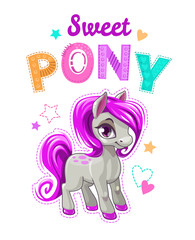 Sticker - Cute cartoon little horse with purple hair.