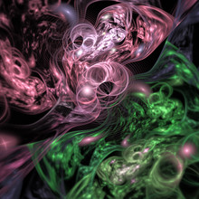 Abstract Colorful Pink And Green Blurred Swirly Shapes On Black Background. Fantasy Fractal Design. Psychedelic Digital Art. 3D Rendering.