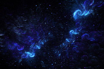 Bright galaxy. Abstract blue sparkles and curls on black background. Fantasy fractal texture. Digital art. 3D rendering.