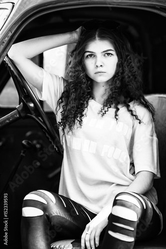 Vintage Firefighting Truck And Pretty Teenager Outdoor Portrait