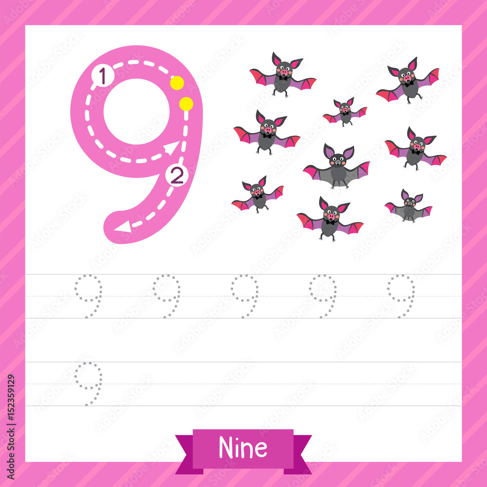 Number nine tracing practice worksheet with 9 bats for kids learning to ...
