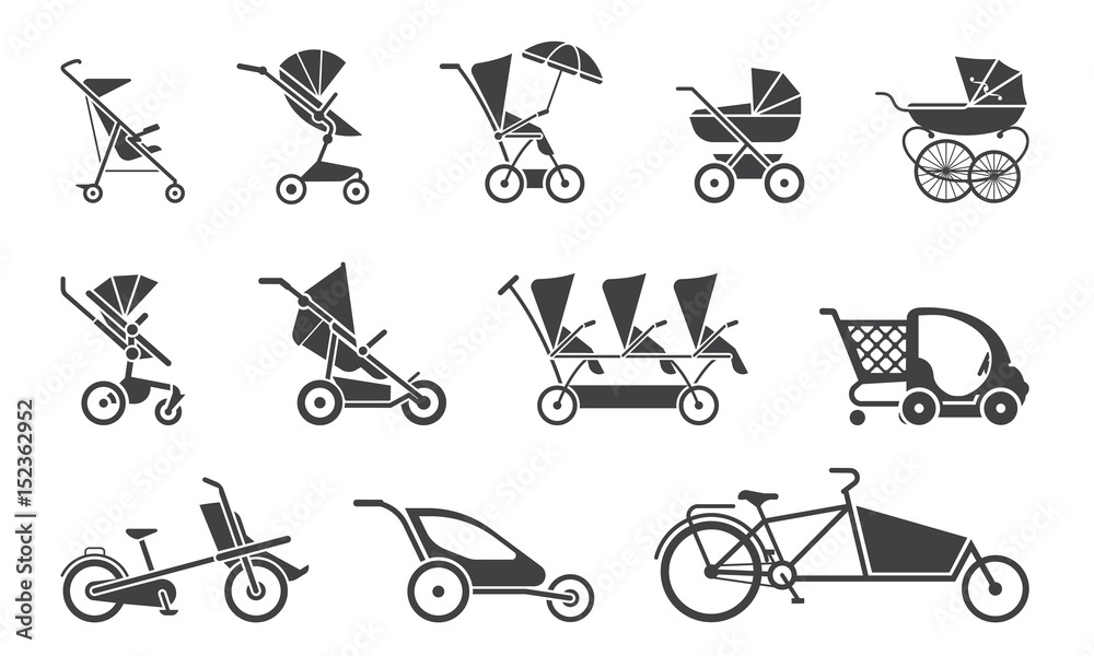 Vector illustration of baby strollers. Set of various baby strollers and other types of baby rides. Stock Vector Adobe Stock