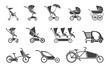Vector illustration of baby strollers. Set of various baby strollers and other types of baby rides.